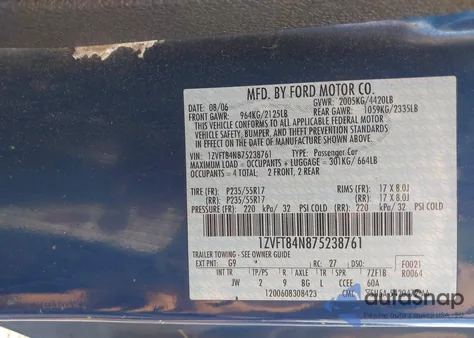 2007 Ford Mustang V6 Deluxe/V6 Premium from USA, damaged, VIN 1ZVFT84N875238761